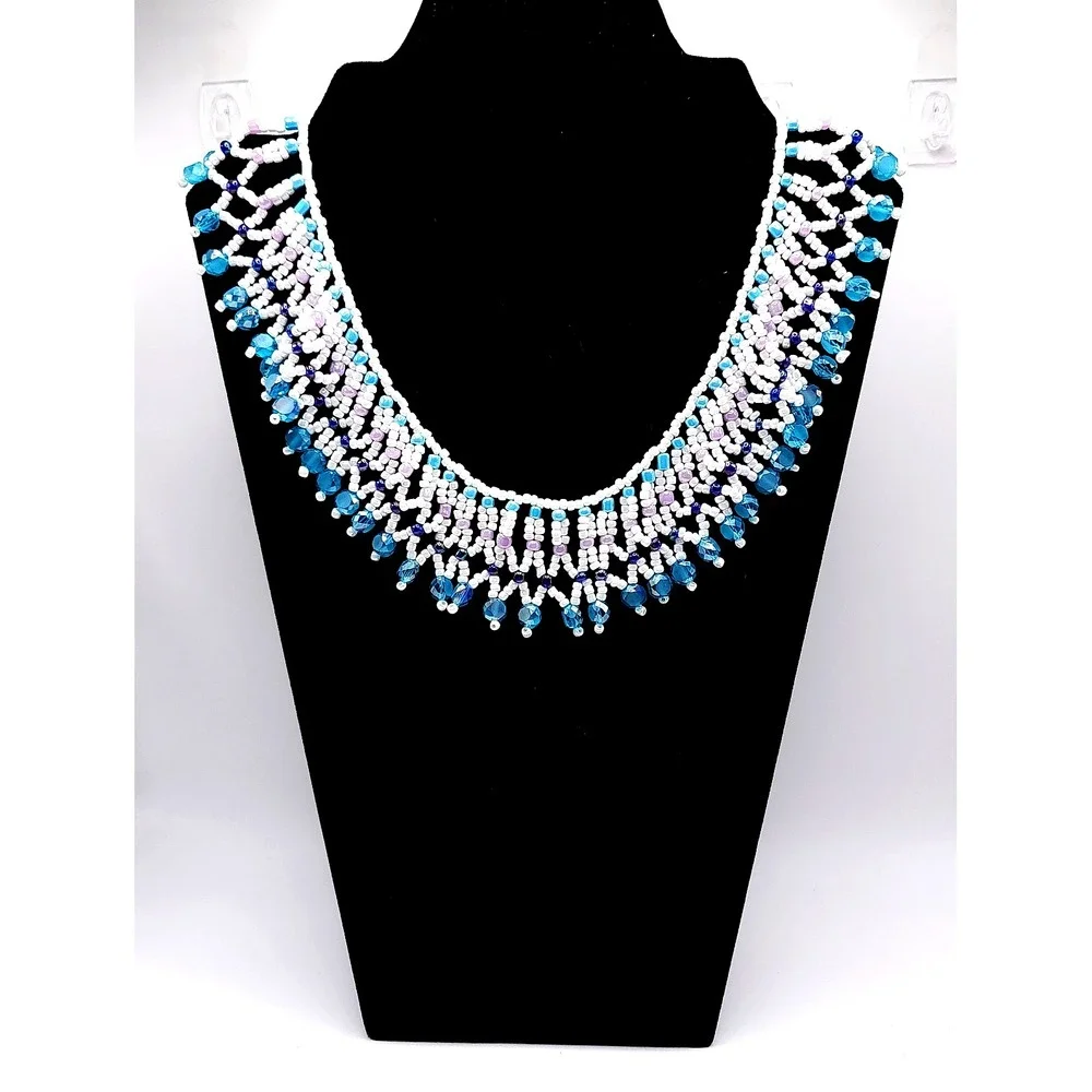 Aqua Blue Seed Bead Fringe Necklace Handmade Glass Collar Statement